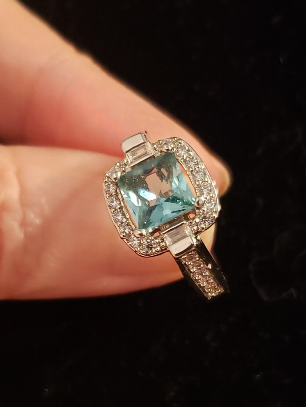 NEW Sz 7.5 Aquamarine (Fashion) Silver Ring Square Cut With Baguette Side Stones